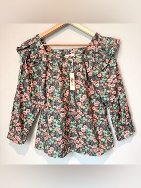 NWT Entro Green Pink Garden Floral Ruffled Blouse Small